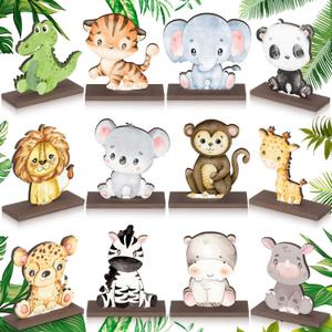 Yaomiao 12 Pcs Safari Jungle Animals Wooden Table Centerpiece Baby Shower Decorations Wild Animals Birthday Decorations for Boys Kids