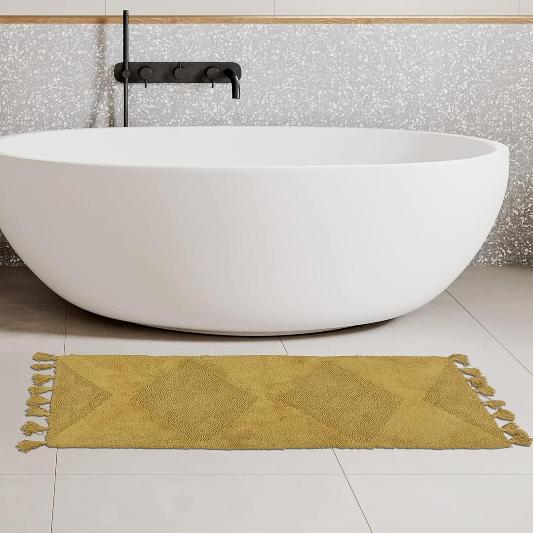 Mustard Boho Bathroom Rugs Runner with Tassels, Cotton Bath Mat Hand-Woven Bohemian Rugs with Rug Non Slip Pad, Boho Bathroom Decor Washable Bath Rugs Carpet 20"x 50", Rectangle Mustard