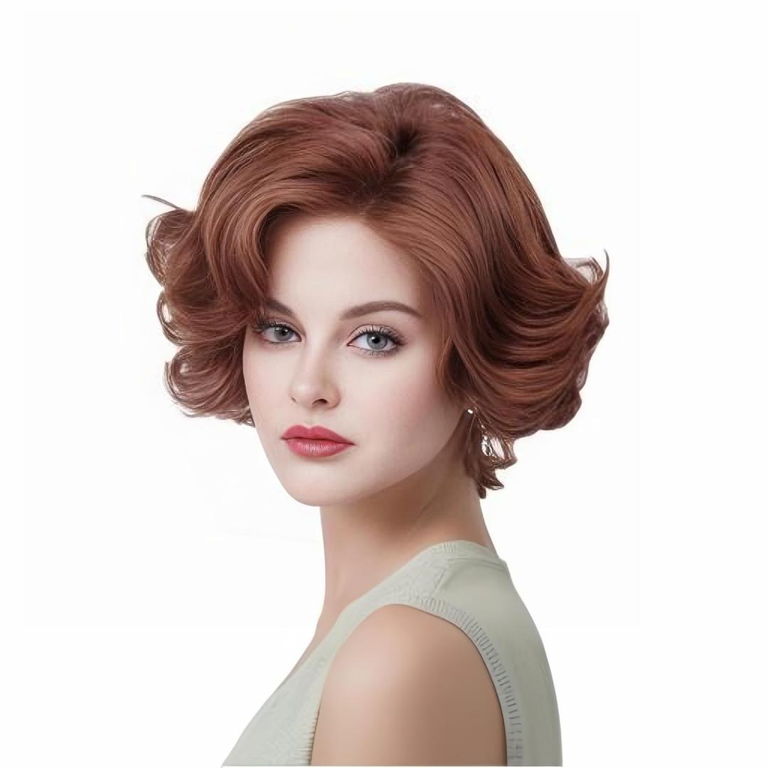 Rugelyss Ginger Short Wavy Wigs with Bangs Curly Auburn Hair Wig Synthetic Wigs for Women for Cosplay or Halloween
