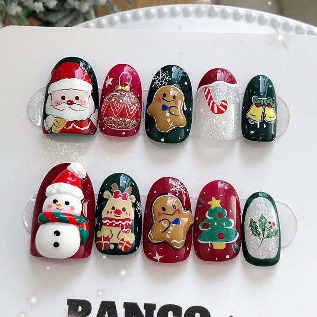 Christmas Press on Nails Short Almond Fake Nails 24Pcs