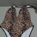 Lilosy Sexy Tie Criss Cross Plunge One Piece Thong Swimsuit High Cut Brazilian Bathing Suit (Large, Leopard)