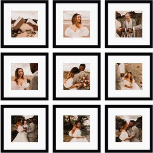 BSRHOME 12x12 Picture Frame Set of 9, Display Pictures 8x8 with Mat or 12x12 without Mat, Multi Collage Gallery Square Photo Frames for Wall or Tabletop, Black