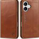 SHIELDON Genuine Leather Case Wallet for iPhone 17 6.3-inch 5G 2025 | Foldable, Magnetic Closure, Kickstand, RFID Blocking Credit Card Holder, Shock-Absorbent Phone Cover - Retro Brown