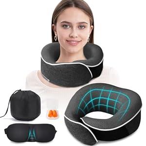 Travel Pillow, Upgraded 100% Memory Foam Neck Pillow for Traveling, Ergonomic Design Soft Best Flight Pillow, Neck Pillow Airplane Kit with 3D Contoured Eye Masks, Earplugs and Luxury Bag (Dark Gray)