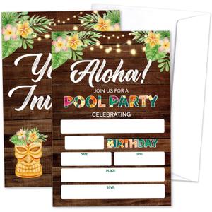 Pool Party Birthday Invitation Cards, Hawaiian Luau Fill-In Invites Card For Birthday Party, Tropical Invitations For Kids Family, Summer Parties Decorations Supplies, 20 Cards With Envelopes -01