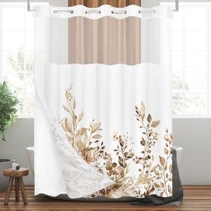 Tititex No Hooks Snap in Liner Tan Eucalyptus Leaves Shower Curtain Sets, Hotel Luxury Double Layers Waterproof Fabric & See-Through Top Window Bathroom Decorative 72x78 Inch
