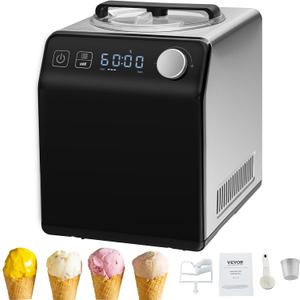 VEVOR Upright Automatic Ice Cream Maker with Built-in Compressor, 2 Quart No Pre-freezing Fruit Yogurt Machine, Stainless Steel Electric Sorbet Maker, 4 Modes Gelato Maker with Digital Display & Timer