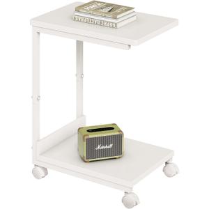 Side Table,C Table with 2-Tier Storage Shelf, End Table TV Tray with Metal Frame, Sofa Table with Wheels for Living Room, Bedroom, Office, Bathroom, Easy Assembly, White