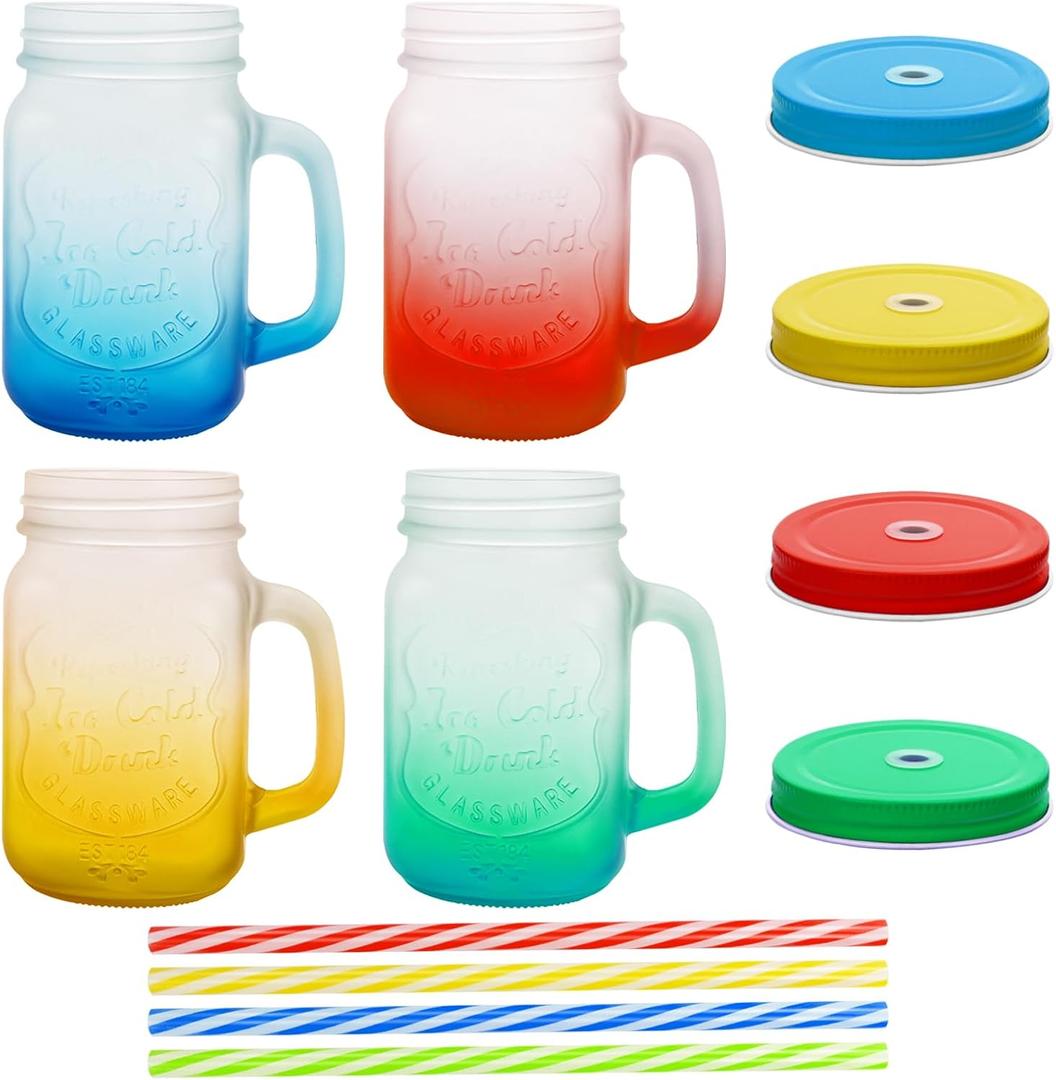 16 oz Glass Mason Jars with Handles Set Of 4 Colored Frosted and Metal Lids and Hard Plastic Straws Drinking Glasses Cups Mug Set for Iced Coffee, Tea