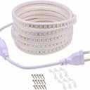 AC 110V Cuttable LED Light 65.62ft Outdoor LED Strip Lights Waterproof 120LEDs/m 3000K Warm White Rope Lights Super Bright Under Cabinet Lighting for Outside Bedroom Kitchen Wall TV
