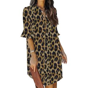 QACOHU Summer Dresses for Women V Neck Ruffle Short Sleeve Casual Shift Dress (Small, C-leopard Print)