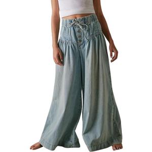 CHARTOU Women's Baggy Wide Leg Denim Pants Drawstring Midi Waisted Flare Jeans Ruffle Pleated Button Jeans (Medium)