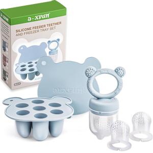 Silicone Baby Fruit Food Feeder & Mini Freezer Nibble Tray, Breastmilk Popsicle Molds for Baby Teething Relief, BPA Free Silicone Teething Toys Feeder for Safe Infant Self Feeding, Extra Food Pouches (Blue)
