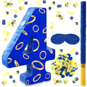 Simgoing Number 4 Blue and Golden Rings Piata for Kids Birthday Cartoon Theme Small Piata with Blindfold Stick Confetti for Fiesta Cinco De Mayo Party Decor, 15.8 x 11 x 2.8 Inch