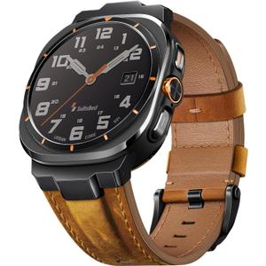 Suitisbest Genuine Leather Band Compatible with Samsung Galaxy Watch Ultra Bands 47mm for 2025 2024, No Gap Designer Rugged Strap with Metal Connectors for Men, Ideal Birthday Gift for Him (Light Brown | Black Connectors)