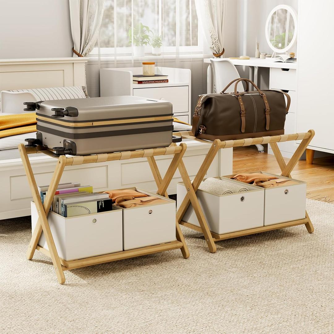 Fully Assembled Luggage Racks Pack of 2 with 4 Storage Boxes, Bamboo 26.77" Folding Luggage Stand for Guest Room, 5 Nylon Straps, Suitcase Stand with Storage Shelf for Bedroom Hotel, Natural