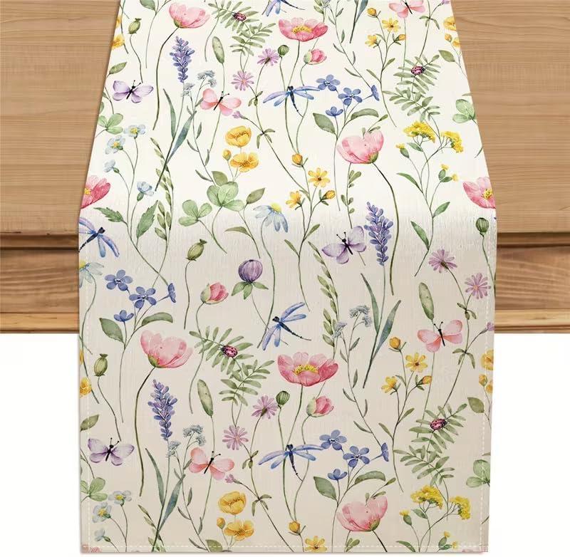 Dragonfly Floral Leaf Spring Table Runner 13x60 Inch, Linen Seasonal Summer Butterfly Dinning Kitchen Table Decoration for Holiday Home Party Decor