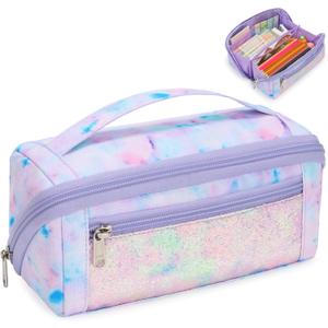 Large Pencil Case for Girls, Aesthetic Pencil Pouch for School, Wide Opening Organizer Box with Handle, Fits 50 Pens & Markers (Glitter Purple Tie-Die)