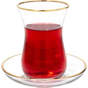 Vikko Turkish Tea Glasses & Saucers, Set, 6 Cups and 6 Plates, 5.5 Oz Tea Cups, Turkish Glass Tea Set For Six, Clear Glass Tea Cups And Saucers, Gold Accented