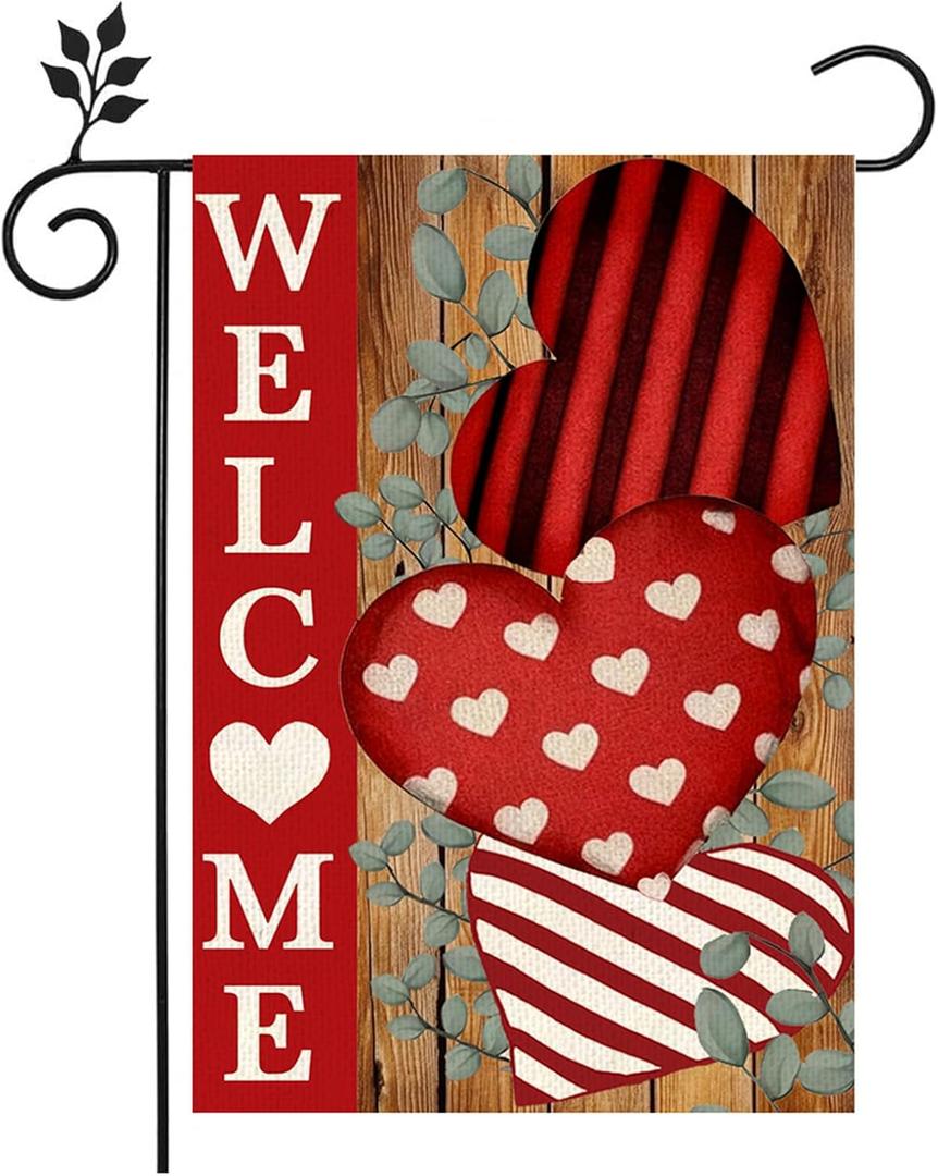 Valentines Day Garden Flag Welcome Love Hearts Garden Flags 12x18 Inch Double Sided Holiday Yard DecorationParty Decorations Garden Flags Welcome Holiday Yard Outdoor Flag