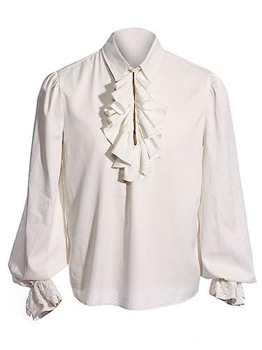 Bbalizko Mens Pirate Shirt Ruffle Victorian Renaissance Steampunk Vampire Poet Shirts Gothic Medieval Costume White, Size M