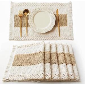 FEXIA Boho Placemats Set of 6, Macrame Table Decor Farmhouse Style Placemats in Natural Cotton Burlap, for Kitchen and Dining Table Centerpiece Home Decorations（Beige & Brown）