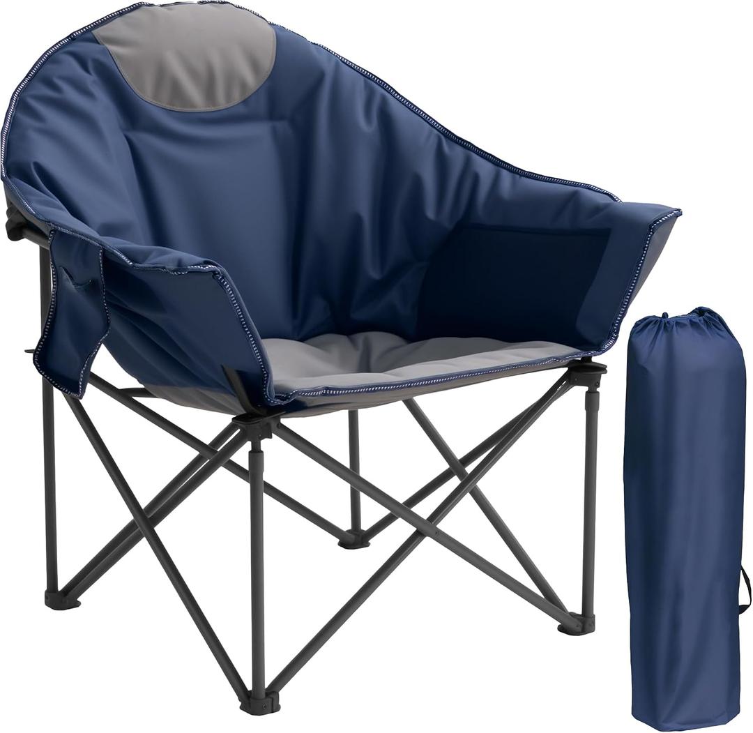 Oversized Camping Chair 500lbs Heavy Duty - Moon Saucer Folding Chair with Cup Holder, Padded for Outdoor, Lawn, Sports, Patio (Blue & Gray)