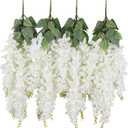 Duovlo Silk Wisteria Flower Artificial 2.13 Feet Hanging Wisteria Vine Fake Flower Bush String Home Party Wedding Decoration,Pack of 4White