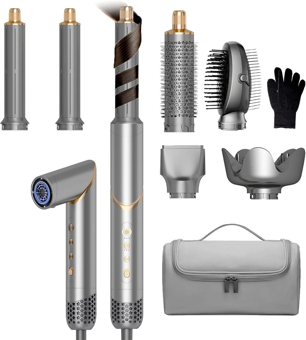 6 in 1 Hair Air Styler, Foldable High Speed Ionic Hair Dryer with Auto-Wrap Curlers, Blow Dryer with Diffuser Oval Brush, Straightener Brush, Low-Temp Hair Care, Fast Dry,Curl, Smooth Styler 110-120V