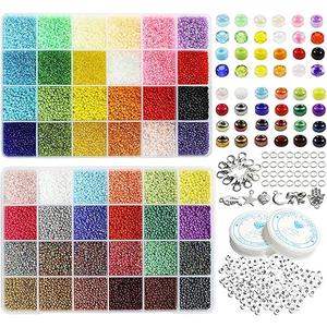 Size 2mm Seed Beads 48 Colors in Grid Storage Box Total About 36000pcs,12/0 Small Seed Beads with Rings, Claw Clasps, Elastic String and Alphabet Letter Beads for Bracelet Jewelry Making