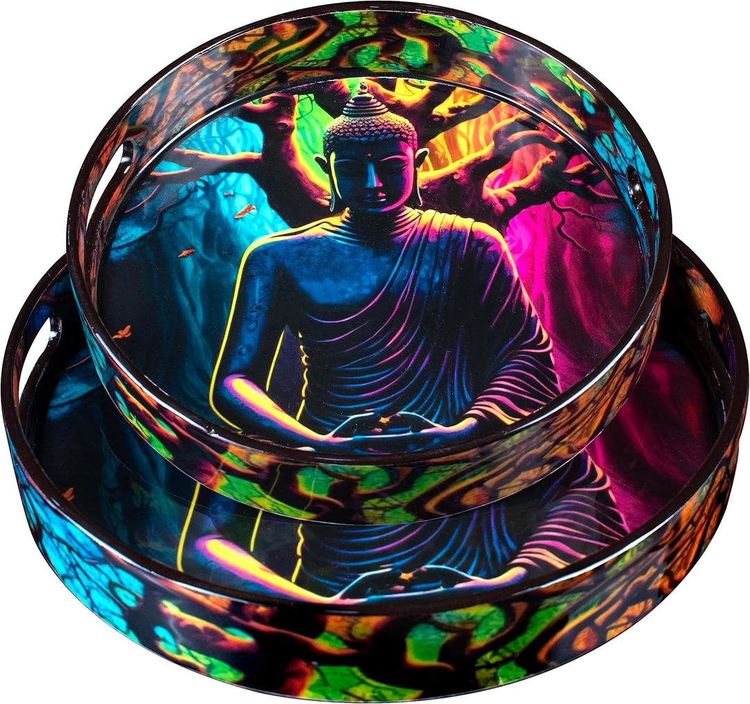 Crocon Wooden Round Ottoman Trays with Handles  Set of 2 Decorative Buddha Print Serving Trays for Kitchen Coffee Table Living Room and Home Dcor