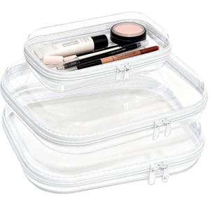 3PCS Clear Hard Plastic Zipper Case, Double Zippers Hard Pouch, Portable Travel Organizer Bin Clear Makeup Bag for Toy Storage, Snack Bag, Cosmetics, Pencil Case, Diaper Bag, Toiletry Bag (2M+1S) (EXP 02/11/26)