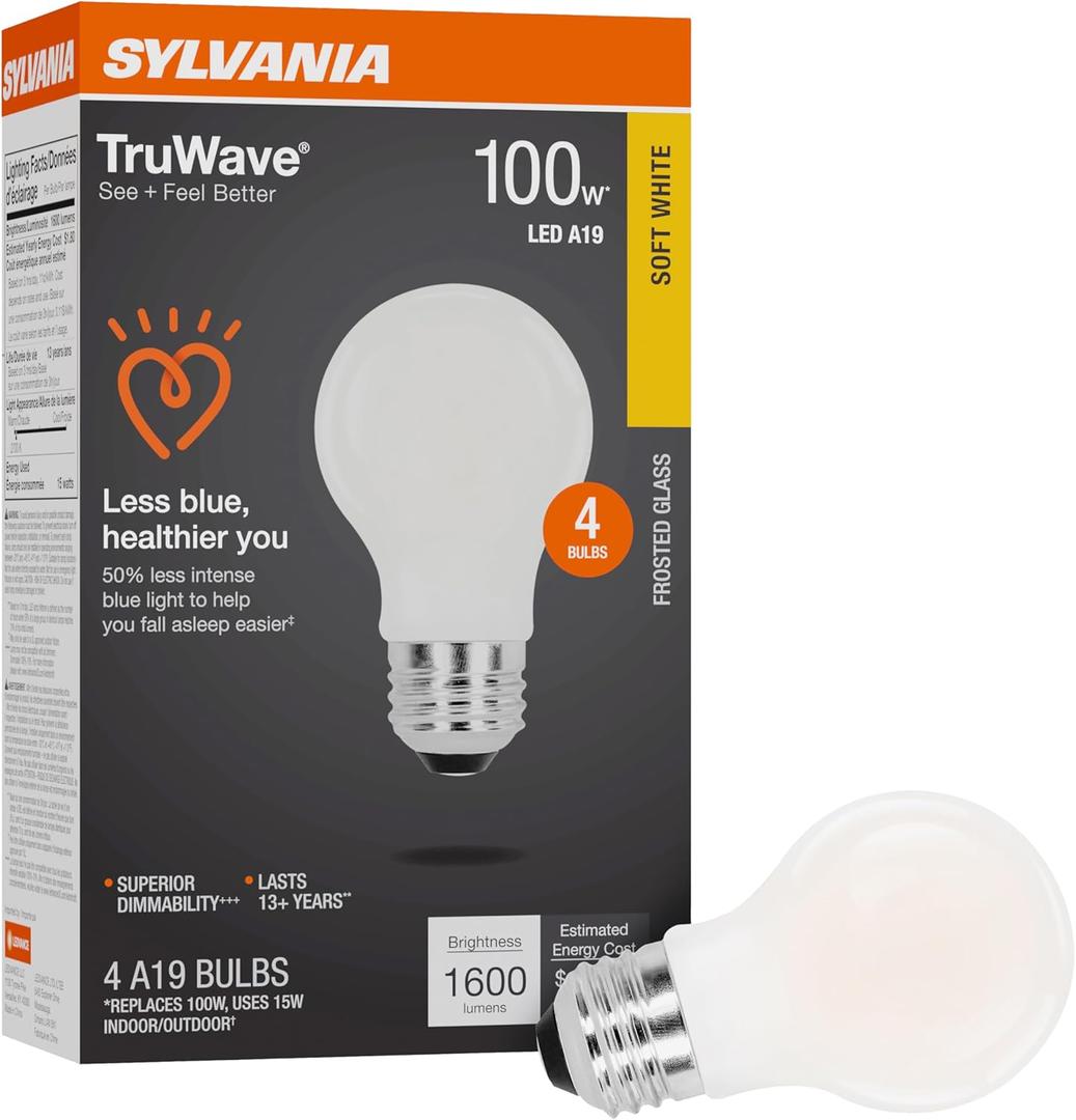 Sylvania LED TruWave Natural Series A19 Light Bulb, 100W Equivalent, Efficient 15W, 1600 Lumens, Medium Base, Dimmable, Frosted, 2700K, Soft White - 4 Pack (42278)