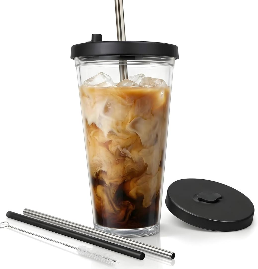 Reusable Iced Coffee Cup (16 Oz/Grande), Leak Proof and Double Wall Insulated Iced Coffee Tumbler, Come with Reusable Plastic and Metal Straws and Straw Cleaner - Black