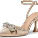 mysoft Women's Rhinestone Bow Pumps Wedding Dress Shoes Pointed Toe Ankle Strap Kitten Heels, 10
