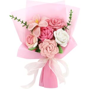 Marvogo Handmade Crochet Sunflowers Rose Daisy as a Gift for Lover, Family,Friends. Crochet Bouquet, Crocheted Yarn Flowers, Artificial Flower Finished Bouquet (Pink)