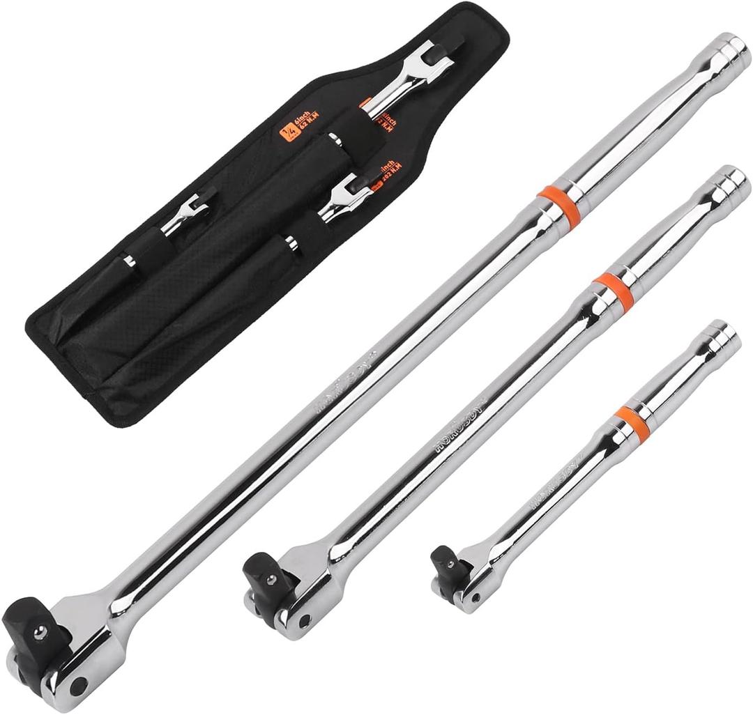 HORUSDY 3-Piece Breaker Bar Set with 180 Rotatable Head, 1/4'', 3/8'' and 1/2'' Drive, Heavy Duty Breaker Bars with Chrome Vanadium Steel 6'', 10'', 15'' Length