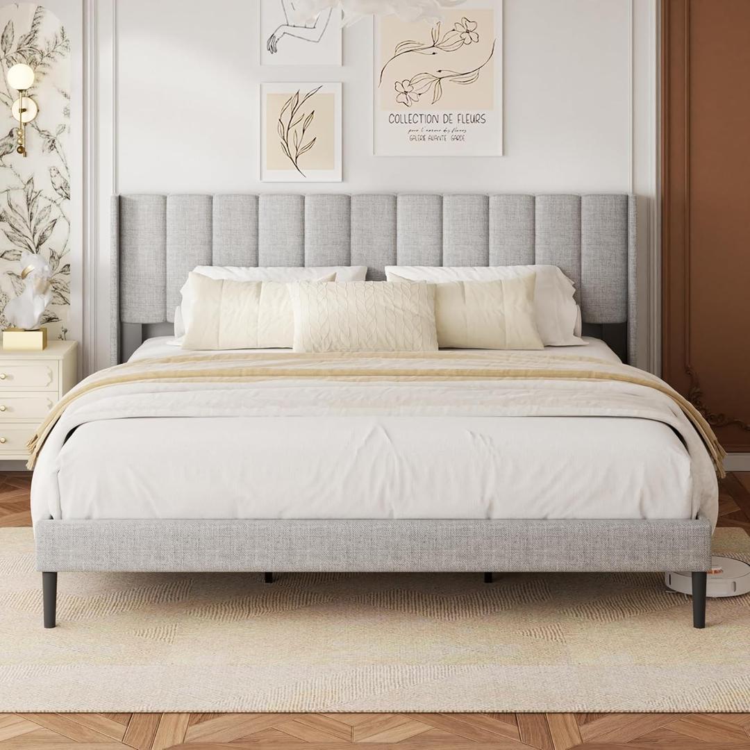 King Size Velvet Bed Frame and Vertical Chanel Tufted Headboard, Upholstered Platform Bed wtih Wingback, No Box Spring Needed, Strong Wooden Slats, Light Grey King Size Velvet Bed Frame and Vertical Chanel Tufted Headboard, Upholstered Platform Bed wtih Wingback, No Box Spring Needed, Strong Wooden Slats, Light Grey