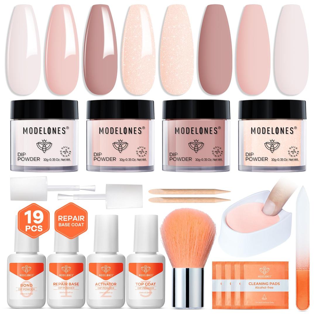 Modelones Dip Powder Nail Kit Starter Set, 4 Colors 19pcs Dip Powder Liquid Set White Nail Nude Pink Dipping Powder Set with Top & Base Coat/Activator/Powder Brush/Recycling Tray for Nails Manicure