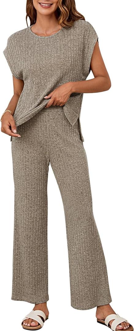 NORACORA 2 Piece Lounge Sets for Women Sweater Knit Cap Sleeve Tops Wide Leg Pants Set Casual Loungewear Matching Outfits, Light Purple, XXL