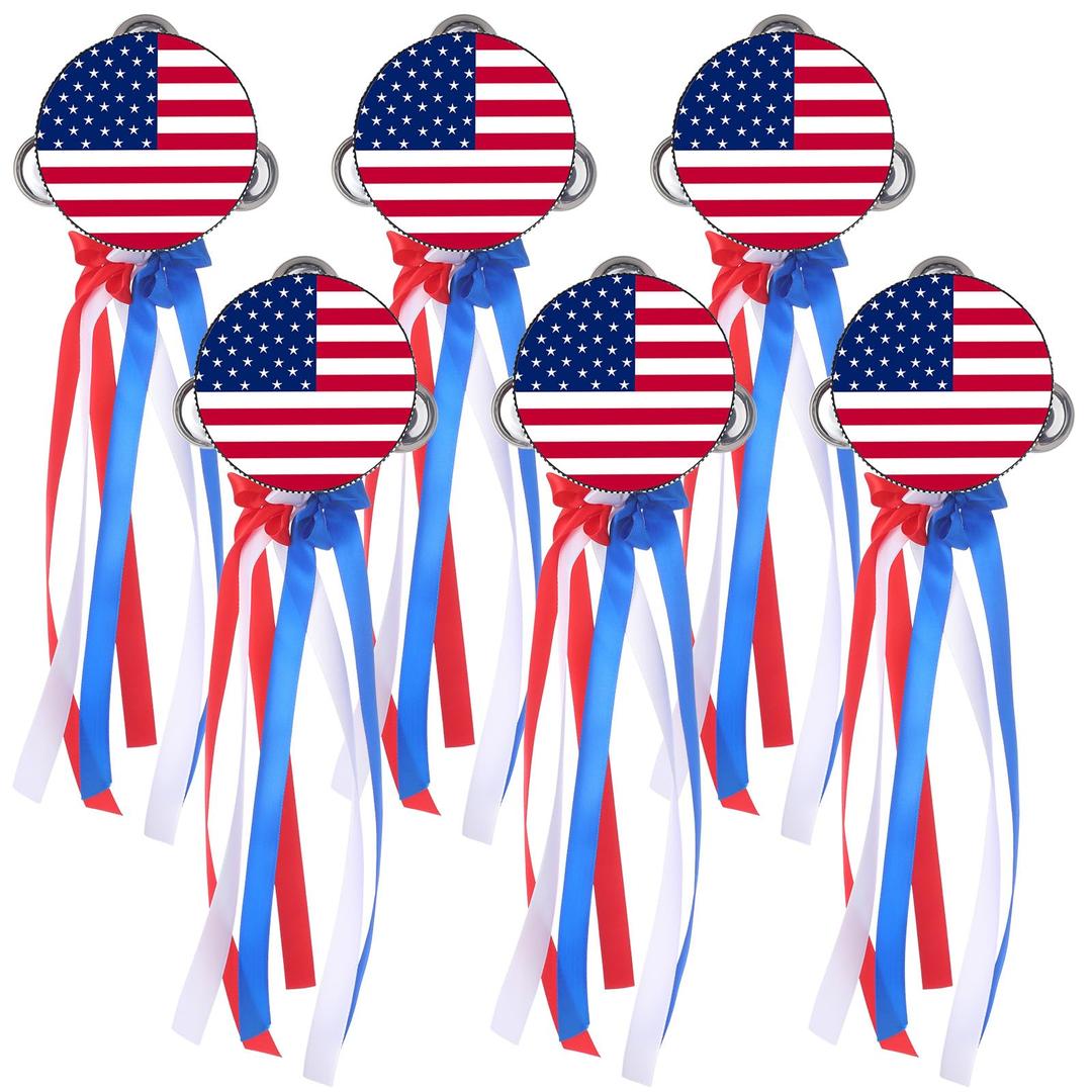 12 Pcs Independence Day Favor Tambourine For Adults 4 Inch Handheld Tambourine Drum Kit with Metal Jingles 4th of July Flag Drum Instruments for Church 250 Anniversary Parade Patriotic Decor Supplies