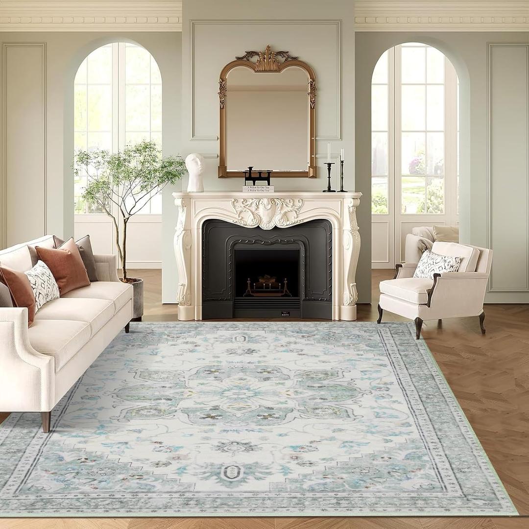8x10 Soft Washable Area Rugs for Living Room and Bedroom, Non-Slip Stain Resistant Indoor Carpet, Cozy Floor Mat for Dining Room, Office, Under TableStain Resistant Green Floral