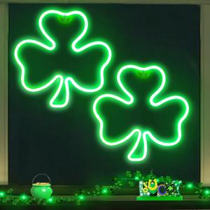 2 Pack 11 Inch St Patricks Day Decorations Shamrock Neon Lights, Green Decor Clover Window Lights with 2 Hooks, USB Powered St. Patrick's Day Lighted Shamrocks for Party Wall Bedroom Indoor Outdoor