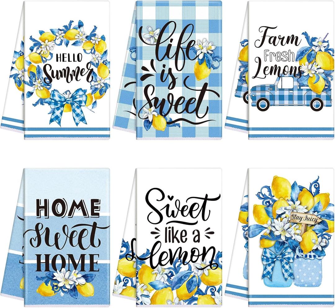 Kajaia 6 Pcs Lemon Kitchen Towels Summer Hand Towels 15.8 x 23.6 Inch Yellow Lemon Dish Cloth Absorbent Blue Buffalo Plaid Decorative Tea Dishcloth for Summer Home Bathroom Kitchen Decor