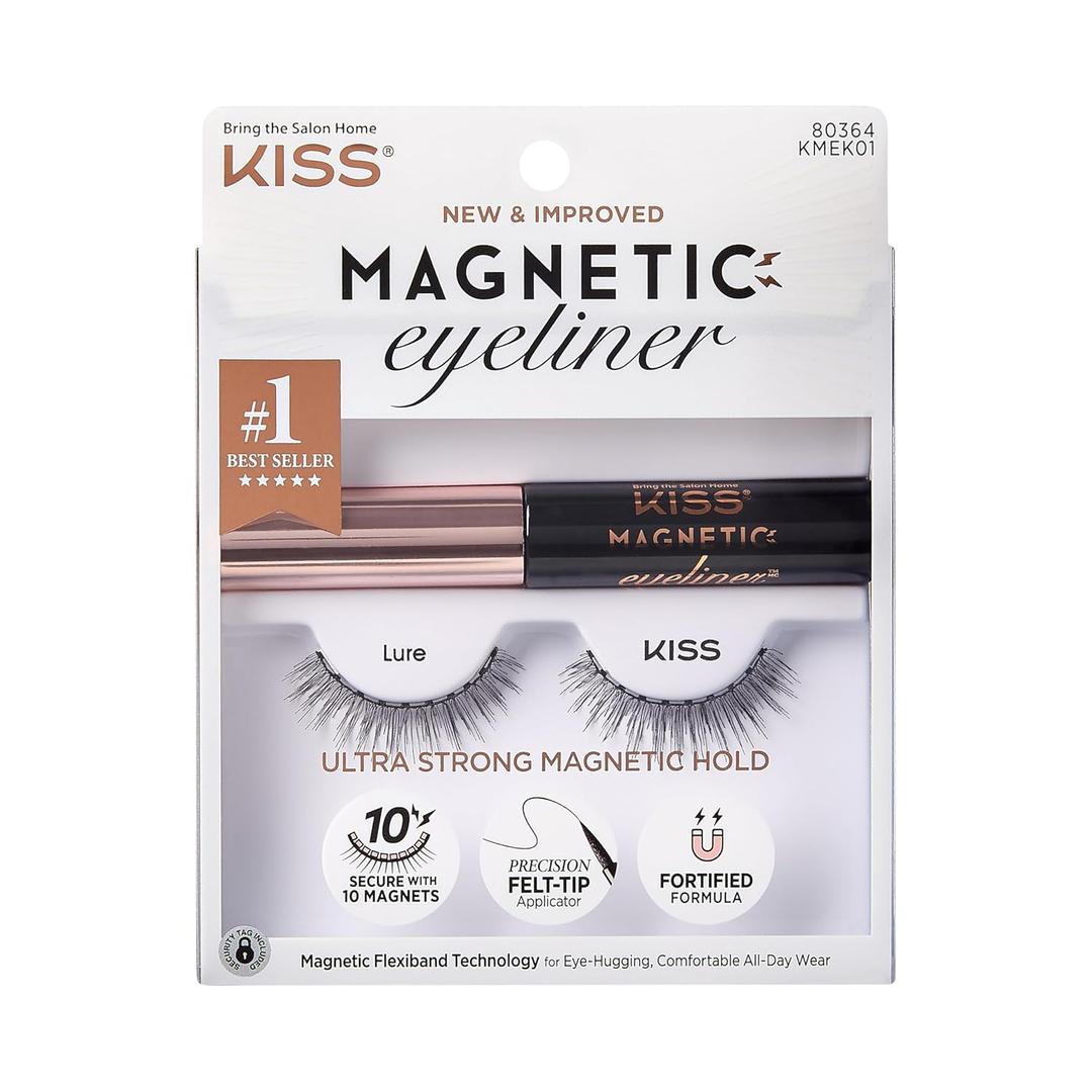 KISS Magnetic False Eyelashes and Eyeliner, 'Lure', 12mm, Easy to Apply, Reusable, No Glue, Flexiband Technology, Precision Felt Tip, Fortified Formula, 1 Pair Strip Lashes (3 Count (Pack of 1))