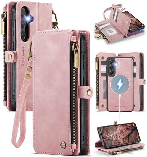 Defencase for Galaxy S24 Magnetic Wallet Case Compatible with Magsafe with RFID Blocking Zipper & Card Holder for Women Men, PU Leather Detachable Phone Case for Samsung Galaxy S24 5G 6.2", Rose Pink