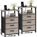 Vagusicc Nightstand Set of 2 with Charging Station, Bedside Table with USB Ports and Outlet, End Table Side Table with 3 Fabric Drawer and Storage Shelf, Bed Side Table Night Stand for Bedroom, Greige