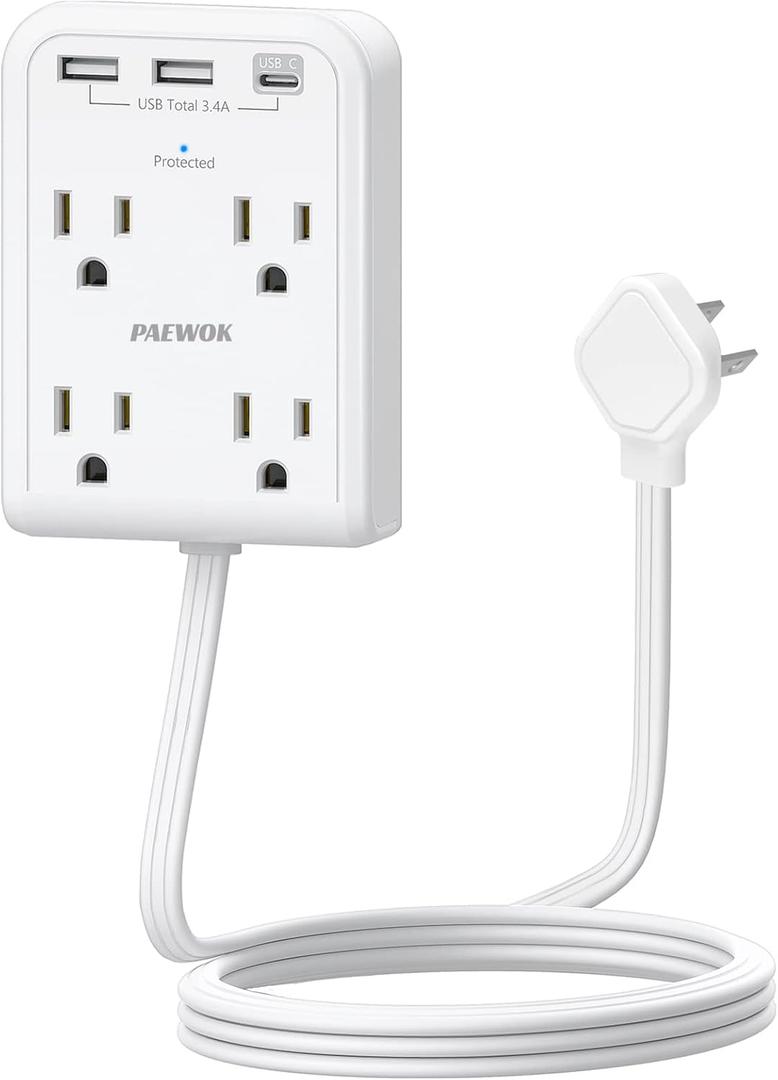 Surge Protector Power Strip, Outlet Extender Stick with USB C Ports, 4 Outlet 3 USB, 4 FT Extension Cord Flat Wall Plug, Home Office Dorm Room Essentials, White