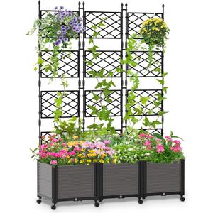 Raised Garden Bed Outdoor Planter Box with Trellis and Wheels, Tomato Planter Cage with Trellis, Indoor Outdoor Patio Self Watering Planters for Climbing Plants Vegetable Flowers