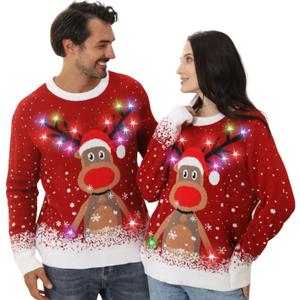 Ugly Christmas Sweater Women Men 2025,Light Up Christmas Sweater for Couples,Funny Reindeer Xmas Tacky Pullover Cute (3X-Large, Red Elk)